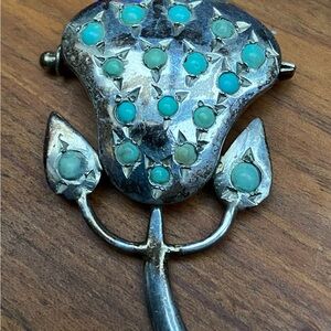 W.K. Polish Sterling Silver Turquoise Floral Brooch | Mid-Century